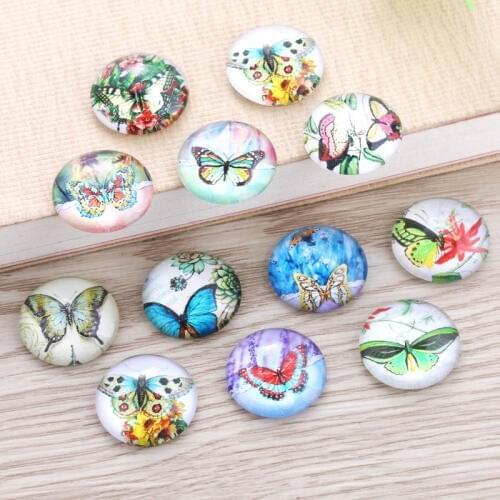 TYLFNL 50 pcs mix Beautiful butterfly Pattern Round Glass Cabochon 16mm 18mm Dome Flat Back DIY Jewelry Finding S-010602