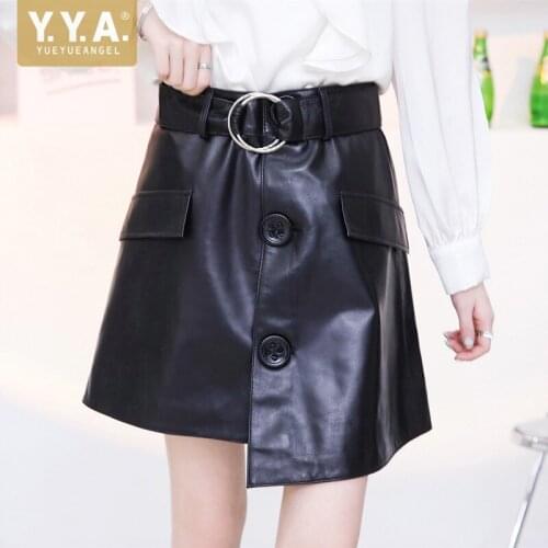 100% Sheepskin Genuine Leather Skirt Women High Waist A Line Casual Skirts Ladies Fashion Buttons Mini Soft Leather Wrap Skirt