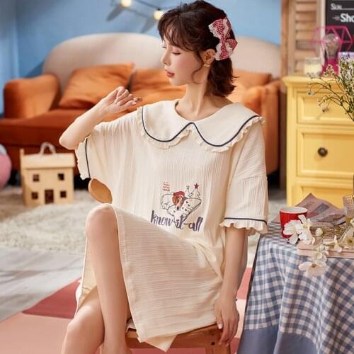 "M-4XL" Womens Homedress Knee-Length Nightdress Plus Size Nightgowns Girls Sleepwear Cotton Sleepshirts Loose Home Clothing