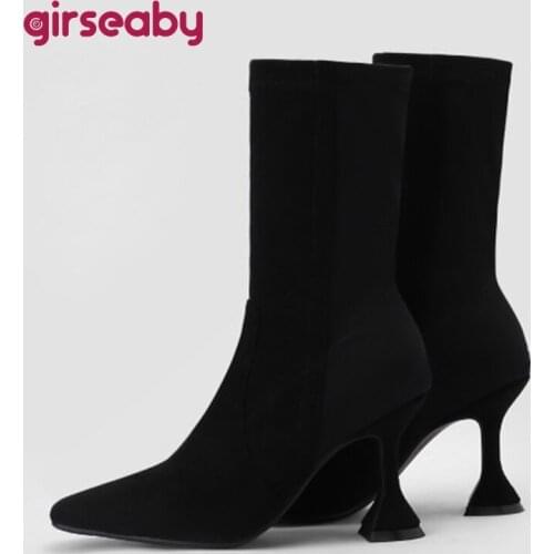 Girseaby Sexy Women Ankle Boots Square Toe Thin Heel Stretch Sock Bootie Faux Suede Slip on Big Size 43 Black Brown S2460