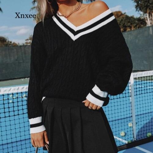 Womens Casual V-Neck Korean Pullover Long-Sleeved Loose Spring and Autumn Pullover Womens Contrast Stitching Sweater