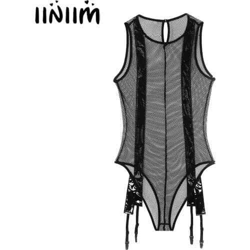 Womens Body Exotic Clubwear Costumes See-through Fishnet Skinny Bodysuit Bodystocking Leather Wetlook Teddies with Garter Belt