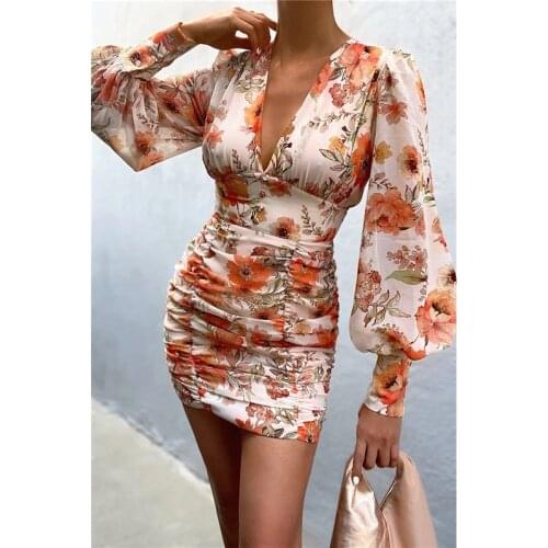 Women Robe Femme Autumn Chiffon Vintage V Neck Lantern Sleeve Print Short Sheath Pencil Mini Dress For Woman Bodycon Y2K Dresses