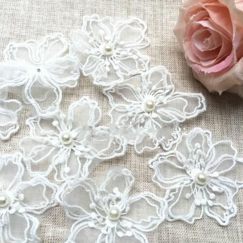 30Pcs/Lot White Organza Embroidery Fabric Lace Patch Clothes 3D Beading Flower Wedding Dress Applique