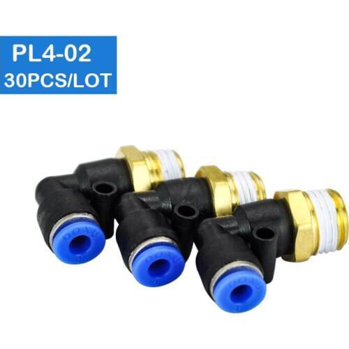 30 Pcs of PL4-02 free shipping, 1/4" Male Thread to 4mm Elbow Pneumatic Connector Fittings