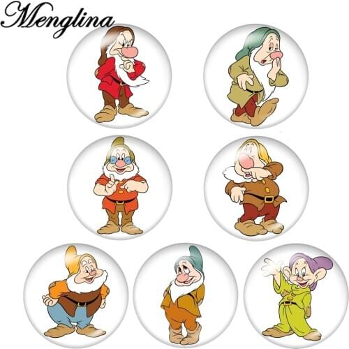 50pcs 7 Styles Mix Round Shape Cartoon Little Dwarfs Flat Back Glass Cabochon DIY Craft for Children Jewelry Findings Components