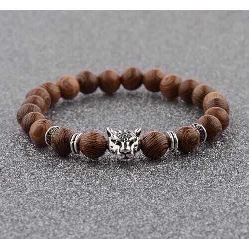 Mens Strand Bracelets Elastic Band Leopard head Wooden Beads Bracelets Silver Color Buddha Beaded Bracelets
