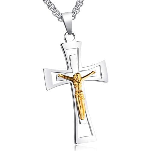 Fashion Crucified Jesus Cross with Carved Word Christian Pendant Necklaces Jewelry for Men Box Link Chain 60cm