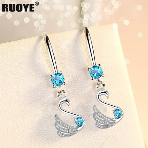 Classic 925 Sterling Silver Long Earrings White Pink Blue Crystal Swan Earrings For Women Korea Jewelry New