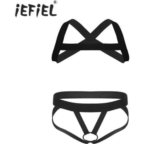 Men Bondage Shoulder Chest Muscle Harness Belt with Low Waist Stretchy Crotchless Thong Underwear Strappy Two-piece Lingerie Set