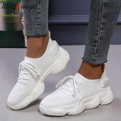 Women Casual Shoes Ladies Sport Sneakers Lace Up casual Shoe Woman Red white Platform Sneaker Wedges Vulcanized Mesh Trainers