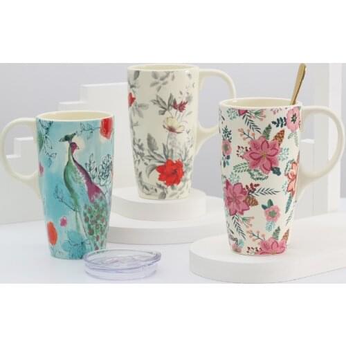 Large Capacity Mug Ceramic Travel Mugs With Lid and Spoon Porcelain Water Cup Milk Coffee Tea Cups Retro Drinkware 400ML 2021