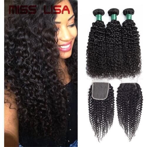 MISS LISA Kinky Curly Bundles With Closure Peruvian Hair Weave Bundles With Closure Human Hair Bundles With Closure