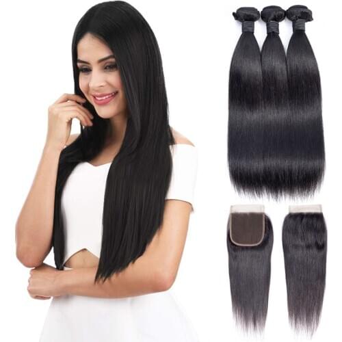 MISS LISA Straight Bundles With Closure Peruvian Hair Weave Bundles With Closure Human Hair Bundles With Closure Hair Extension