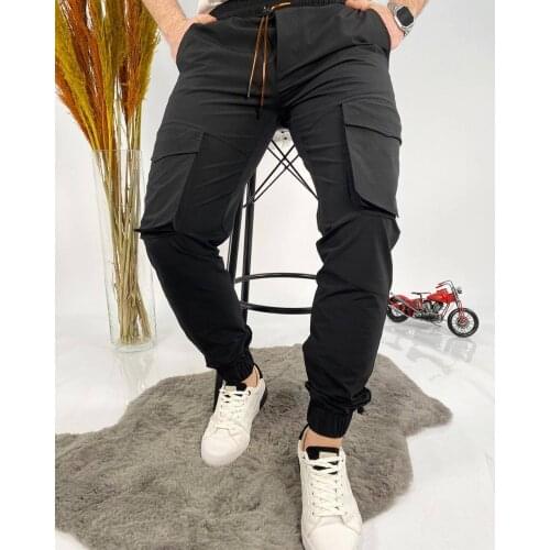 Men casual pants plus size men solid color multi-pocket drawstring ankle tie cargo pants trousers summer warm weight pants