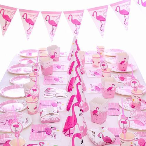 Flamingo Theme Party Disposable Tableware Set Flamingo Banner Baby Shower Girl 1st Birthday Theme Party Plate Cup Tablecloth