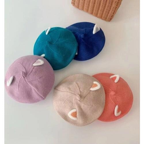 New unisex kid beret cute cat shape hat winter cap autumn Punk Beret Hat Children Wholesale BeretCandy color knitted painter hat
