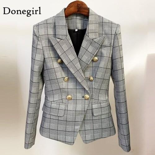 Newest 2021 Spring And Autumn Designer Jacket Womens Classic Plaid Slim Fitting Double Breasted Lion Buttons Blazer Manteau