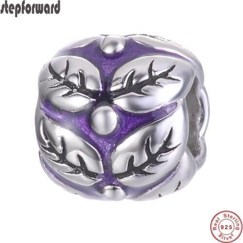 Popular Good Quality Purple Enamel Round 925 Sterling Silver Leaf Charm Fitting For Bracelet And Necklace Pendants Jewelry Beads