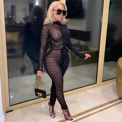 Mesh Turtleneck Long Sleeve Zipper Rompers High Waist Mesh Perspective Sexy Nightclub Jumpsuit Pantyhose for Women Streetwear