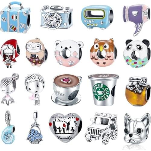 WOSTU Authentic 925 Sterling Silver Blue Camera Coffee Beads Charms Pendants Fit Original Bracelets Women DIY Fine Jewelry Gift