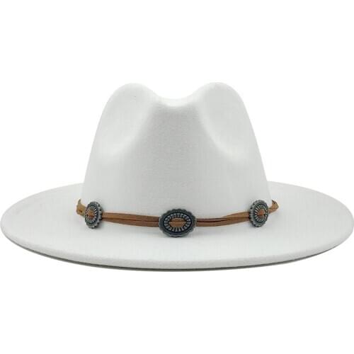 White Men Women Wide Brim Wool Felt Fedora Panama Hat with Belt Buckle Jazz Trilby Cap Party Formal Top Hat In Pink,black X XL