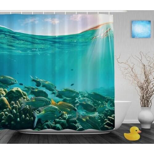 Tropical Sea Creatures Bathroom Shower Curtain Coral Reef Fish Floating Shower Curtains Waterproof Polyester Fabric With Hooks