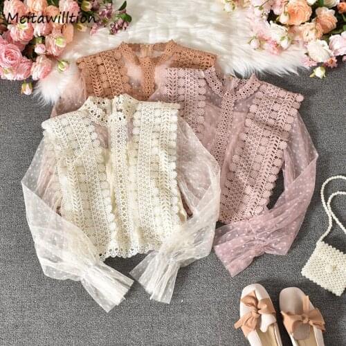 Women Blouse And Tops 2021 Elegant Hollow Out Long Sleeve Mesh Blouse Shirts Korean Casual Office Lace Tops