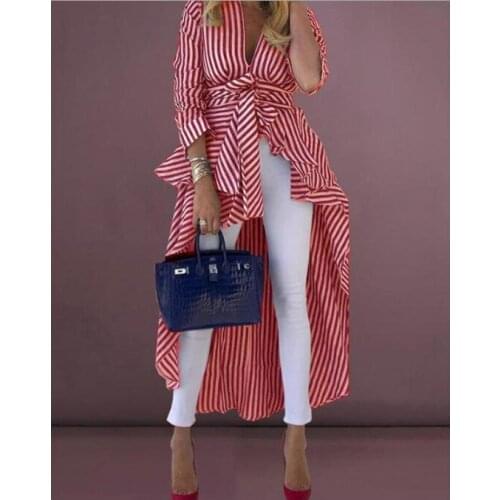 2021 Ladies Blue and White Striped Long and Short Shirt V-Neck Irregular Top