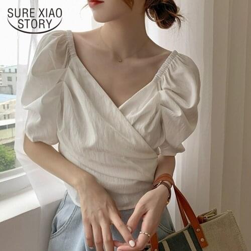 Chic Elegant Puff Sleeve Women Blouses Summer 2021 New V-neck Lace Up Short Shirts Tops Solid Casual Chiffon Blusas Femme 14277