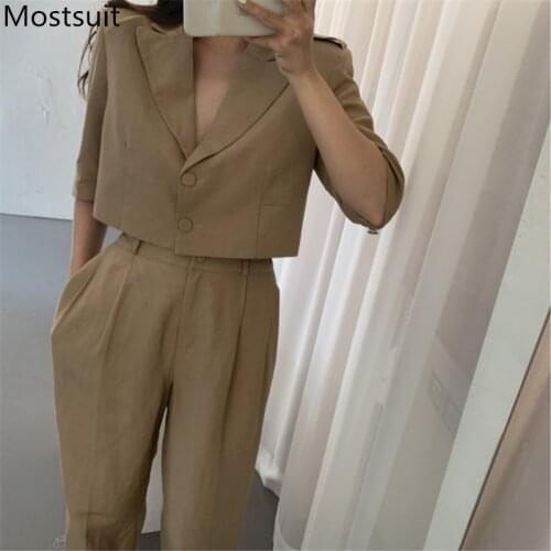 2021 Summer Korean Solid Two Piece Suit Set Women Short Sleeve Crop Tops + Suit Pants Matching Set Office Ladies Fashion Set