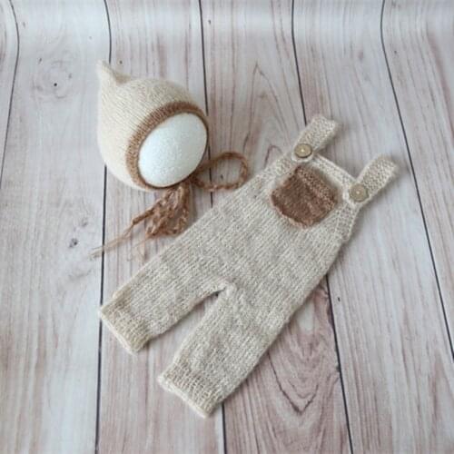 Elf beige Newborn Romper Photography Knitted Baby Boy Outfit Vintage Newborn Photography Hat Jumpsuit Baby Bonnet and Overalls