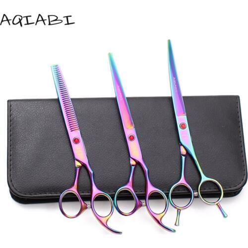 A3002 3Pcs Suit 7" AQIABI Grooming Scissors Straight Scissors Thinning Shears UP Curved Shears Professional Pet Scissors Add Bag