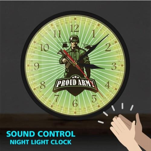 Army Combat Solider with Rifle Deco Metal Frame LED Wall Clock Proud Army Ready for War Military Weapon Sound Control Wall Watch