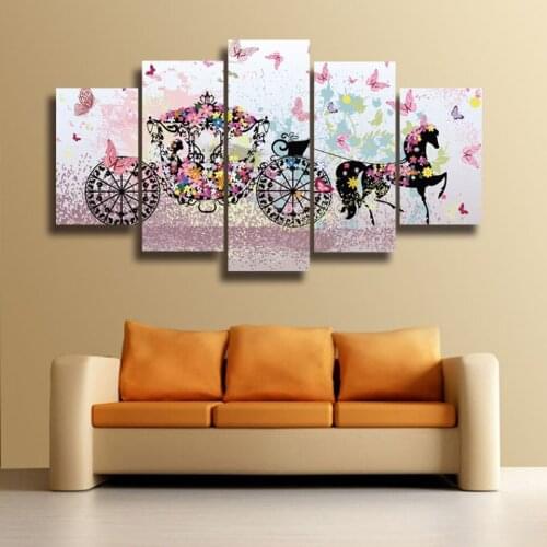 Large Canvas Framework Home Wall Art Decor 5 Panel Flower Butterfly Printed Modular Painting For Bedroom Living Room