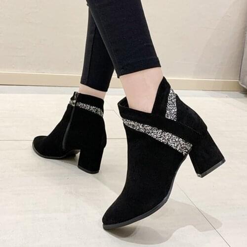 High Heels Ankle Boots 2020 Winter New Fashion Bling Booties Square Heeled Pointed Toe Dress Shoes Flock botas retro mujer 8489N
