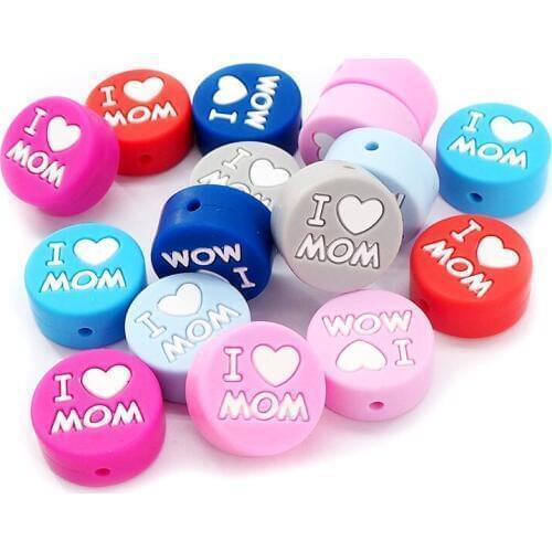 Chenkai 5PCS BPA Free Silicone Letter Teether Bead I LOVE MOM Teething Beads Baby Round Shaped Teether DIY Newborn Nursing Gift