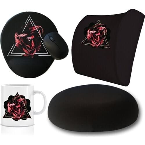 Custog Memory Foam Visco For Office Chair Waist Support Pillow & Seating Cushion & Mouse Pad & Mug Set Of 4 Sweet Rose Triangle