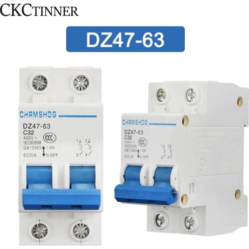 DZ47-63 2 Pole 6A/10A/16A/20A/25A/32A/40A/50A/63A 400V C Type Mini Circuit Breaker MCB 35mm Din Rail Mount Breaking Capacity 6KA