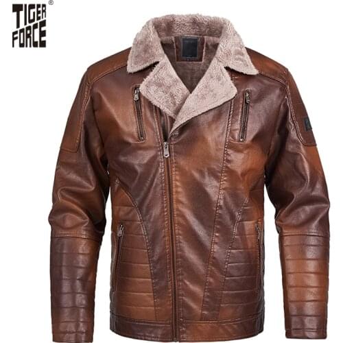TIGER FORCE Jacket Men Cout Jackets Motorcycle Faux Leather smart casual warm thick zippers turndown collar Leather men 70802