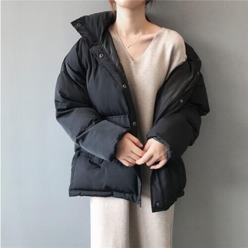 Fashion Solid Preppy Style Parka Ladies Chic Outwear Female Women Winter Down Jacket Stand Collar Short Single-breasted Coat