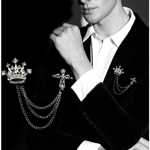 Men Suit Tassel Chain Brooches British Style Gem Crown Sword Star Lapel Pin Retro Jewelry Gift For Wedding Party Dance Accessory