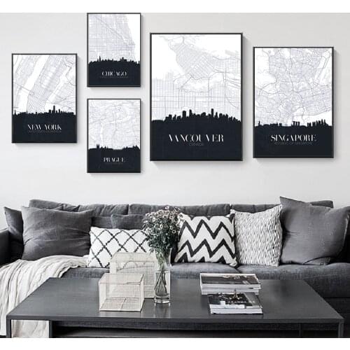New York Singapore Famous City Map Wall Art Prints Black White Canvas Painting Pictures Posters Print for Living Room Home Decor