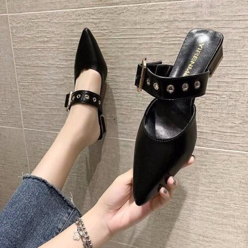 New Ladies Slippers Metal Buckle Slippers Pointed Square Heel Ladies Slippers Ladies Outdoor Sandals Womans Shoes Woman Slippers