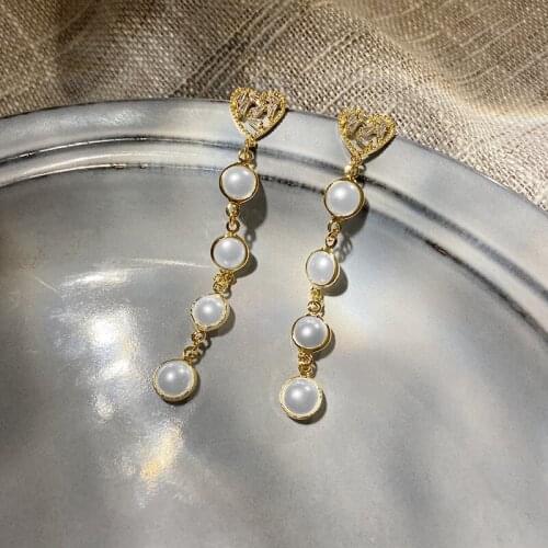 Origin Summer Temperament Cubic Zircon Love Heart Pearl Dangle Earings for Women Exquisite Long Party Gifts Jewelry Accessories