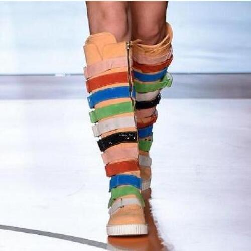 Sestito 2018 Women Winter Fashion Multi Color Flat Knee High Boots Ladies Round Toe Ankle Strap Long Boots Girls Runway Shoes