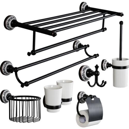 Blue White Carved Towel Shelf Brass Bathroom Accessories Set Black Toilet Brush Holder Wall Toilet Roll Paper Holder Soap Dish