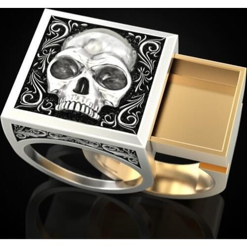 Domineering Two Tone Skull Ring Secret Compartment Memorial Souvenir Cinerary Casket Coffin Anniversary Ring Male Punk Jewelry