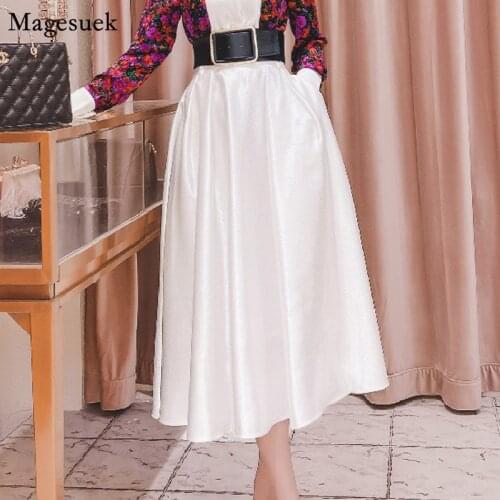 Retro A-line High-waist White Skirt Women Summer New Half-length Loose Female Skirts Mid-length Womens Skirt Jupe Longue 15511