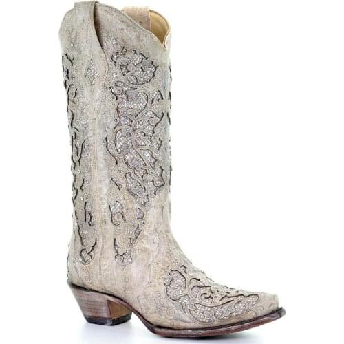 Women`s White Glitter Inlay Western Boots Inlaid Diamond Footwears Corral boots